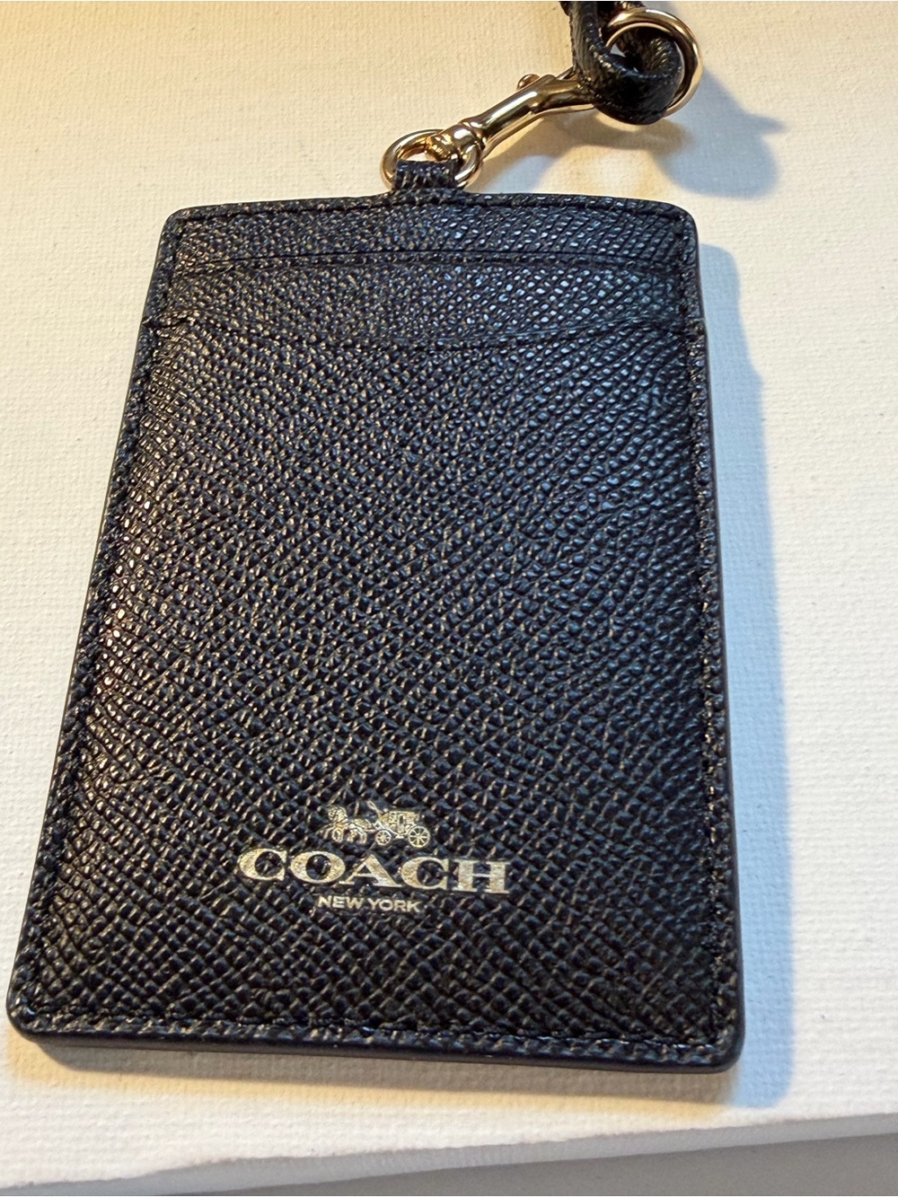 Coach Black Pebbled Leather Card Holder with Gold Logo and Lanyard